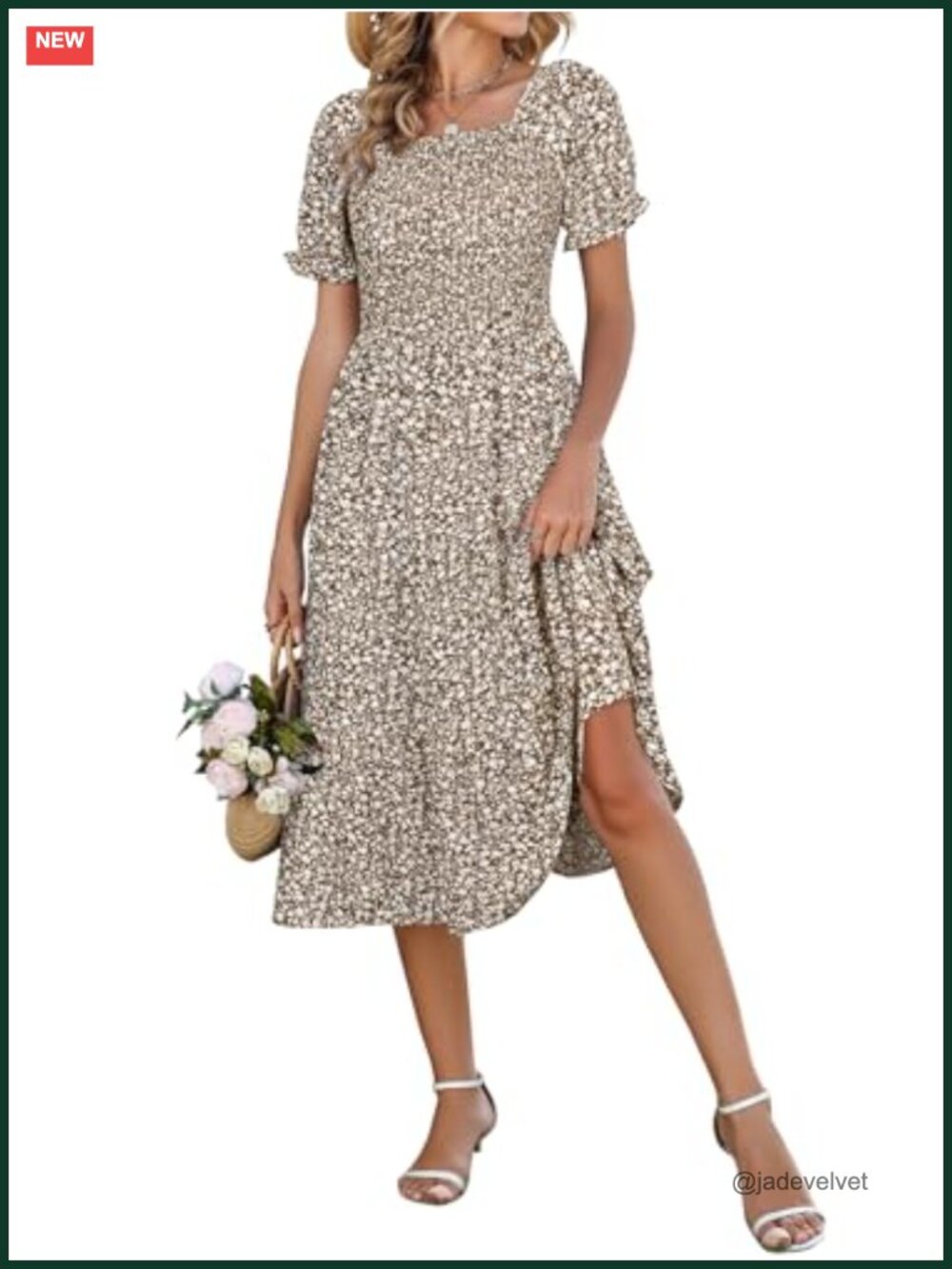 Casual Floral Smocked Square Neck Midi Dress with Pockets